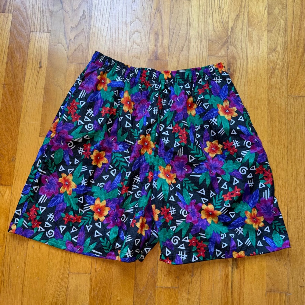 Vintage 90s Jantzen Floral Nylon Shorts XL High Rise Geometric Floral Neon Retro